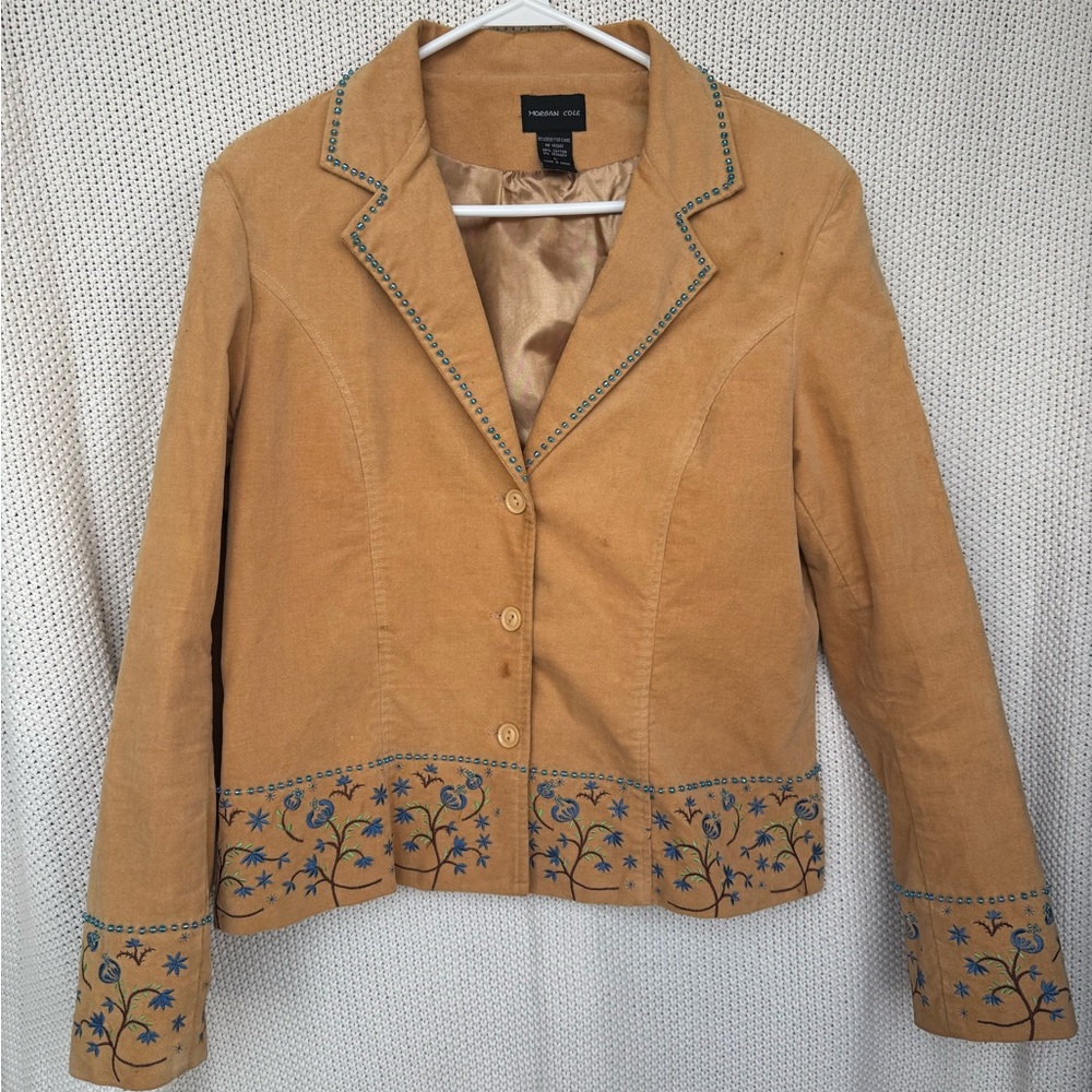 Western Style Camel Blazer with Blue Embroidery